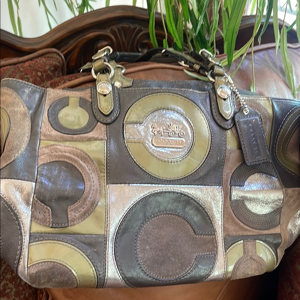 Coach Patchwork Shoulder Bag - Brown, Green, Silver